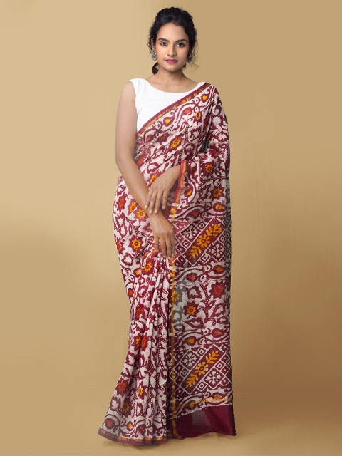 

Unnati Silks Women Maroon & White Pure Batik Chanderi Sico Sustainable Saree