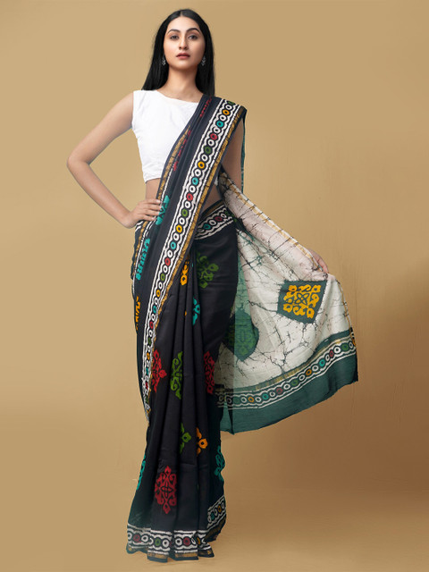 

Unnati Silks Women Black & White Pure Batik Chanderi Sico Sustainable Saree
