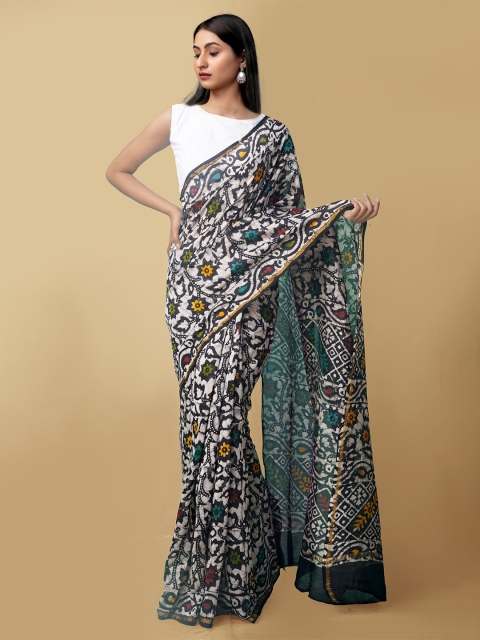 

Unnati Silks Women Black & White Pure Batik Chanderi Sico Sustainable Saree