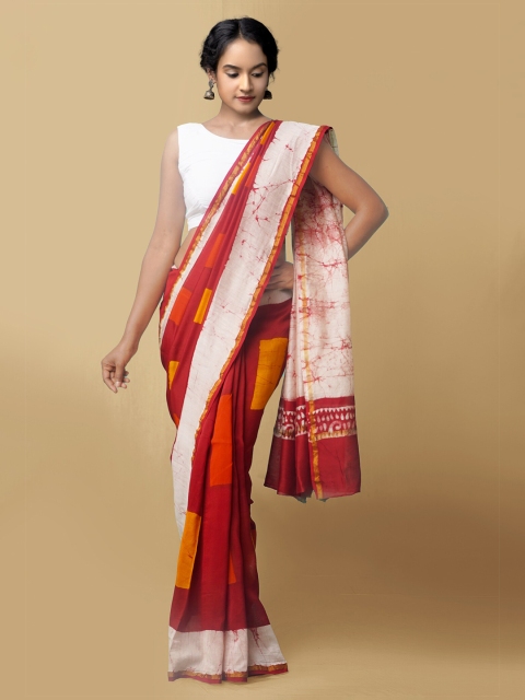 

Unnati Silks Red & White Batik Zari Silk Cotton Chanderi Saree