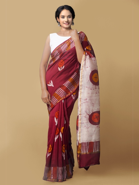 

Unnati Silks Women Maroon & White Pure Batik Chanderi Sico Sustainable Saree