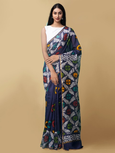 

Unnati Silks Women Blue & White Pure Batik Chanderi Sico Sustainable Saree