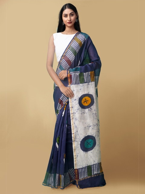 

Unnati Silks Women Navy Blue & White Pure Batik Chanderi Sico Sustainable Saree
