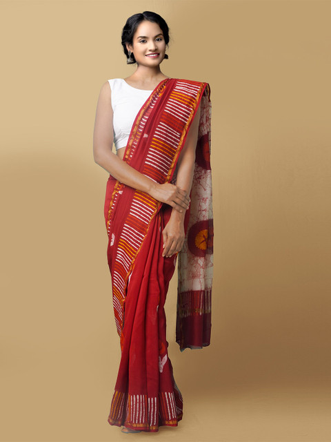 

Unnati Silks Women Red & White Pure Batik Chanderi Sico Sustainable Saree