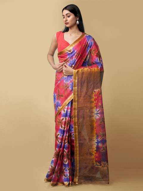 

Unnati Silks Red & Brown Floral Pure Cotton Leheriya Saree