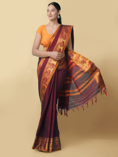 

Unnati Silks Women Maroon & Gold-Toned Pure Handloom Narayanpet Cotton Sustainable Saree