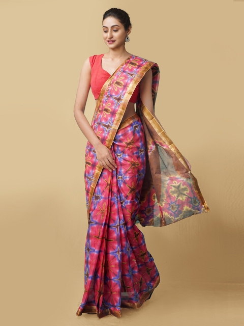 

Unnati Silks Women Pink & Blue Pure Shibori Cotton Sustainable Saree