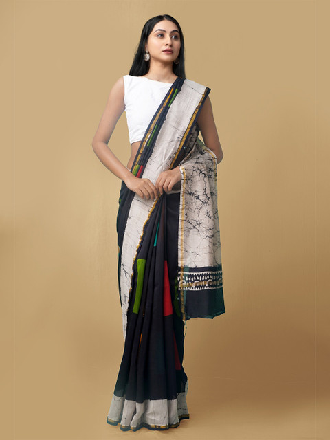 

Unnati Silks Black & White Batik Silk Cotton Chanderi Saree
