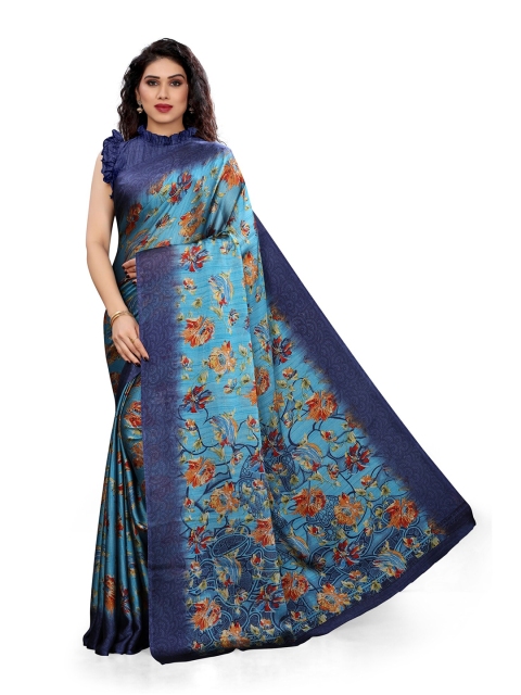 

KALINI Turquoise Blue & Yellow Floral Printed Bagh Saree
