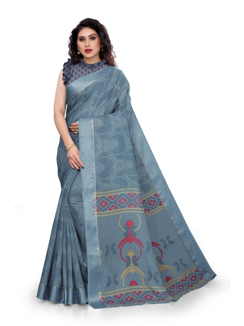 

KALINI Grey & Red Ethnic Motifs Satin Saree