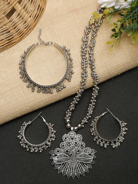 

NEUDIS Silver-Toned Oxidised Peacock Shaped Jewellery Set