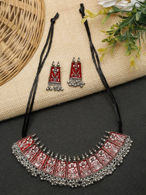 

NEUDIS Oxidised Silver-Plated & Red Enamelled Jewellery Set