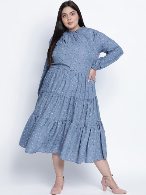 

Oxolloxo Plus Size Blue Floral Crepe A-Line Midi Dress