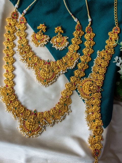 

Alankruthi Gold-Plated Pink & Green Stone-Studded Pearl Beaded Temple Bridal Jewellery Set
