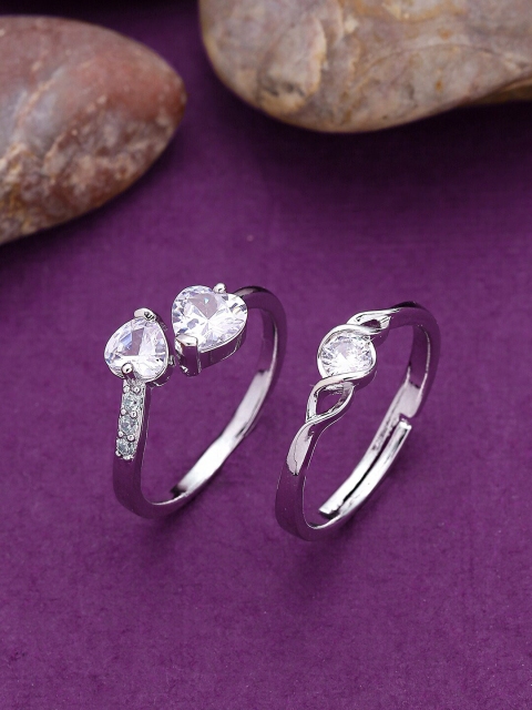 

Yellow Chimes Set Of 2 Rhodium-Plated & White Crystal-Studded Finger Rings, Silver