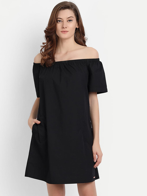 

River Of Design Jeans Black Off-Shoulder Cotton A-Line Dress