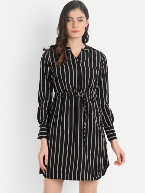 

River Of Design Jeans Black & White Striped Shirt Dress With Tie Belt