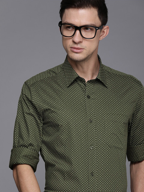 

Louis Philippe Men Olive Green & Black Slim Fit Opaque Printed Pure Cotton Formal Shirt