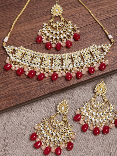 

KARATCART Gold-Plated Red Kundan-Studded Pearl Beaded Handcrafted Jewellery Set
