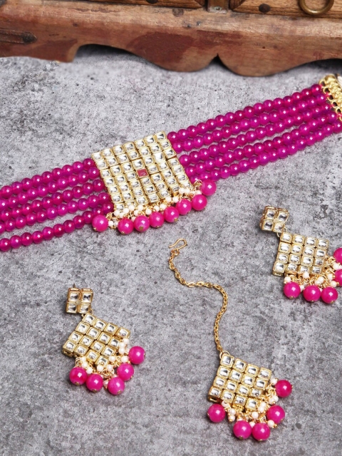 

KARATCART Pink-Toned & Gold-Plated Kundan Handcrafted Necklace With Earrings & Maang Tikka