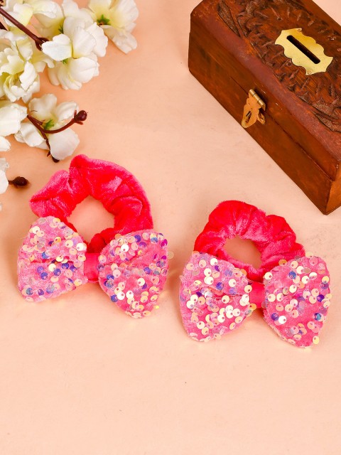 

Silvermerc Designs Women Set of 2 Red Ponytail Holders With Embellished Pink-Bows