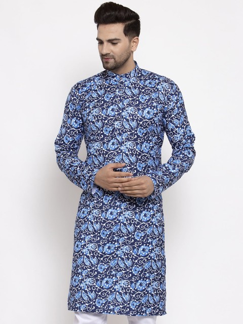 

Jompers Men Blue Floral Printed Straight Kurta