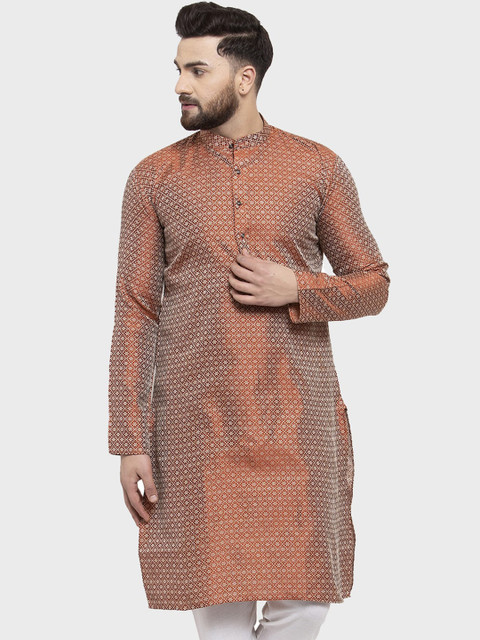 

Jompers Men Orange Floral Woven Design Straight Kurta