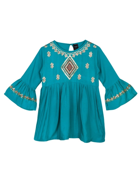 

Ishin Teal Embellished Embroidered Cinched Waist Top
