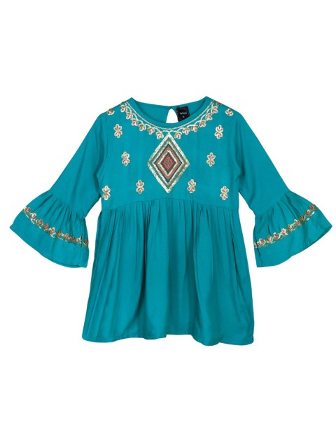 

Ishin Teal Embellished Embroidered Cinched Waist Top