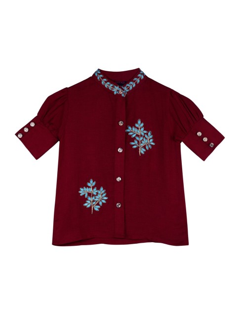 

Ishin Maroon Floral Mandarin Collar Roll-Up Sleeves Shirt Style Top