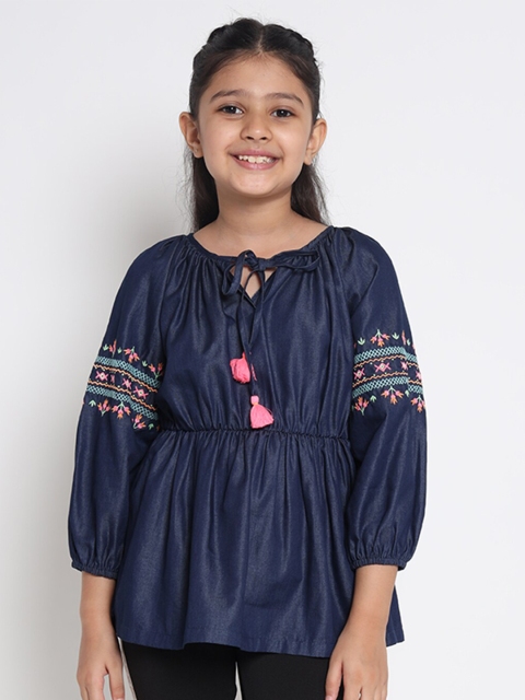 

Natilene Navy Blue Floral Embroidered Tie-Up Neck Cotton Cinched Waist Top