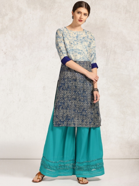 

Anouk Women Navy Blue & Beige Printed Straight Kurta