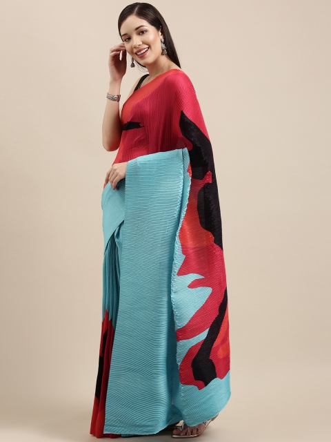 

VASTRANAND Turquoise Blue & Red Colourblocked Art Silk Saree