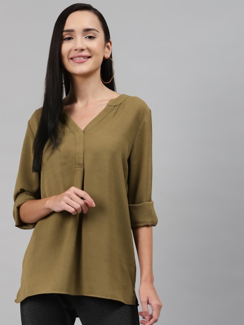 

Marks & Spencer Olive Green Solid Mandarin Collar Regular Top