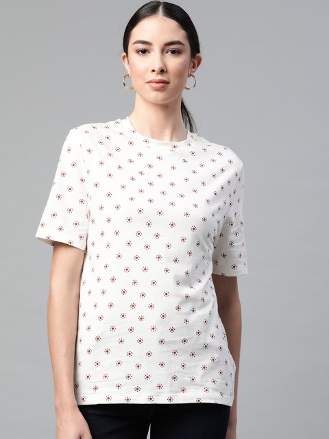 

Marks Spencer Women White Red Floral Printed Pure Cotton T-shirt