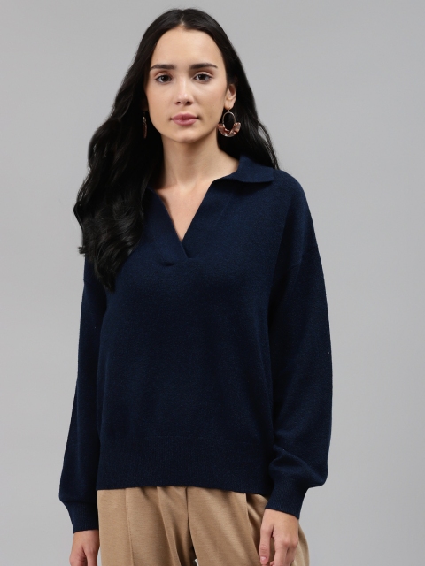 

Marks & Spencer Women Navy Blue Solid V- Neck Pullover