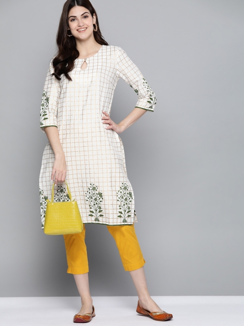 

HERE&NOW Women White Printed Keyhole Neck Floral Kurta