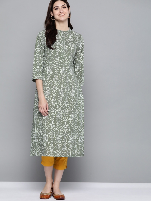 

HERE&NOW Women Green & White Geometric Printed Kurta
