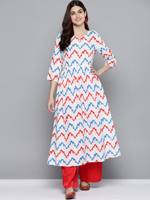 

HERE&NOW Women White Chevron Printed Keyhole Neck Anarkali Kurta