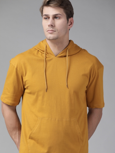 

Roadster Men Mustard Yellow Solid Pure Cotton Hooded T-shirt