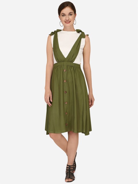 

Yuvraah Women Olive Green & White T-shirt with Dungaree Skirt