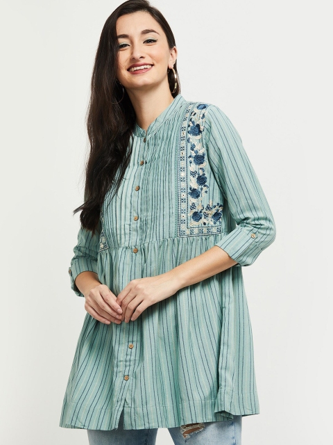 

max Sea Green & Navy Blue Striped Mandarin Collar Georgette Shirt Style Longline Top