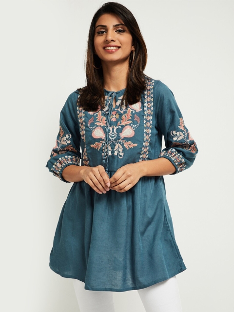 

max Blue & Peach-Coloured Floral Embroidered Tie-Up Neck Georgette A-Line Top