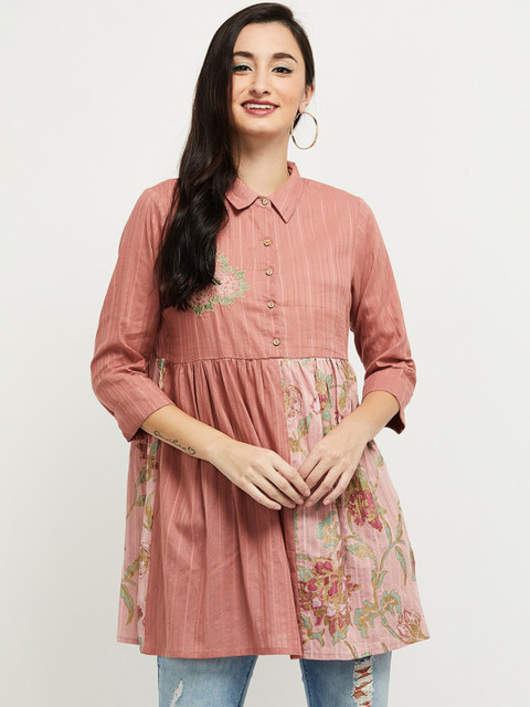 

max Pink Floral Shirt Style Longline Cotton Top