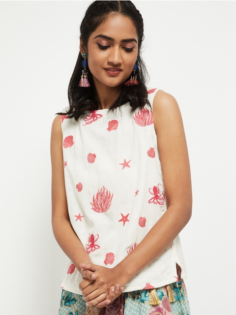 max White & Coral Embroidered Georgette Regular Top