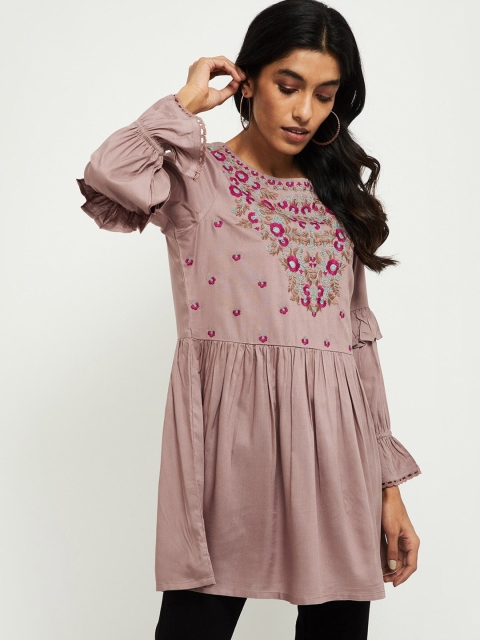 

max Taupe & Pink Floral Embroidered Georgette A-Line Top