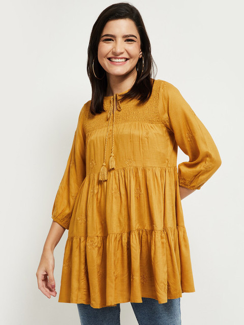 

max Yellow Geometric Embroidered Tie-Up Neck Smocked Georgette Tiered Longline Top