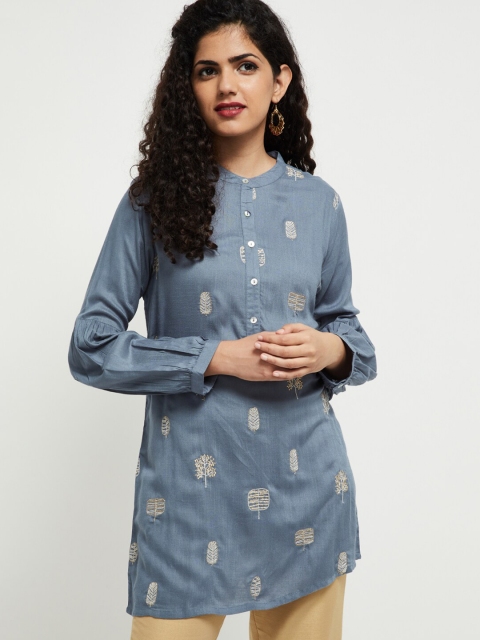 

max Grey Mandarin Collar Georgette Shirt Style Longline Top