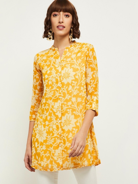 

max Orange Floral Mandarin Collar Georgette Regular Longline Top
