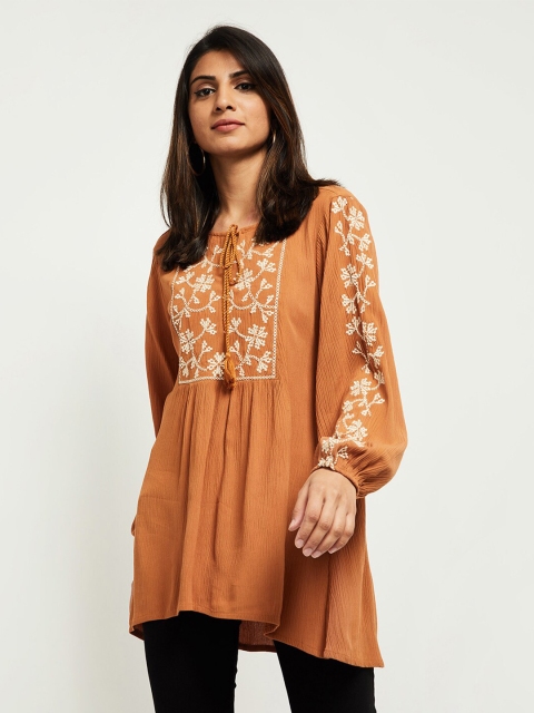 

max Brown Embroidered Tie-Up Neck A-Line Top